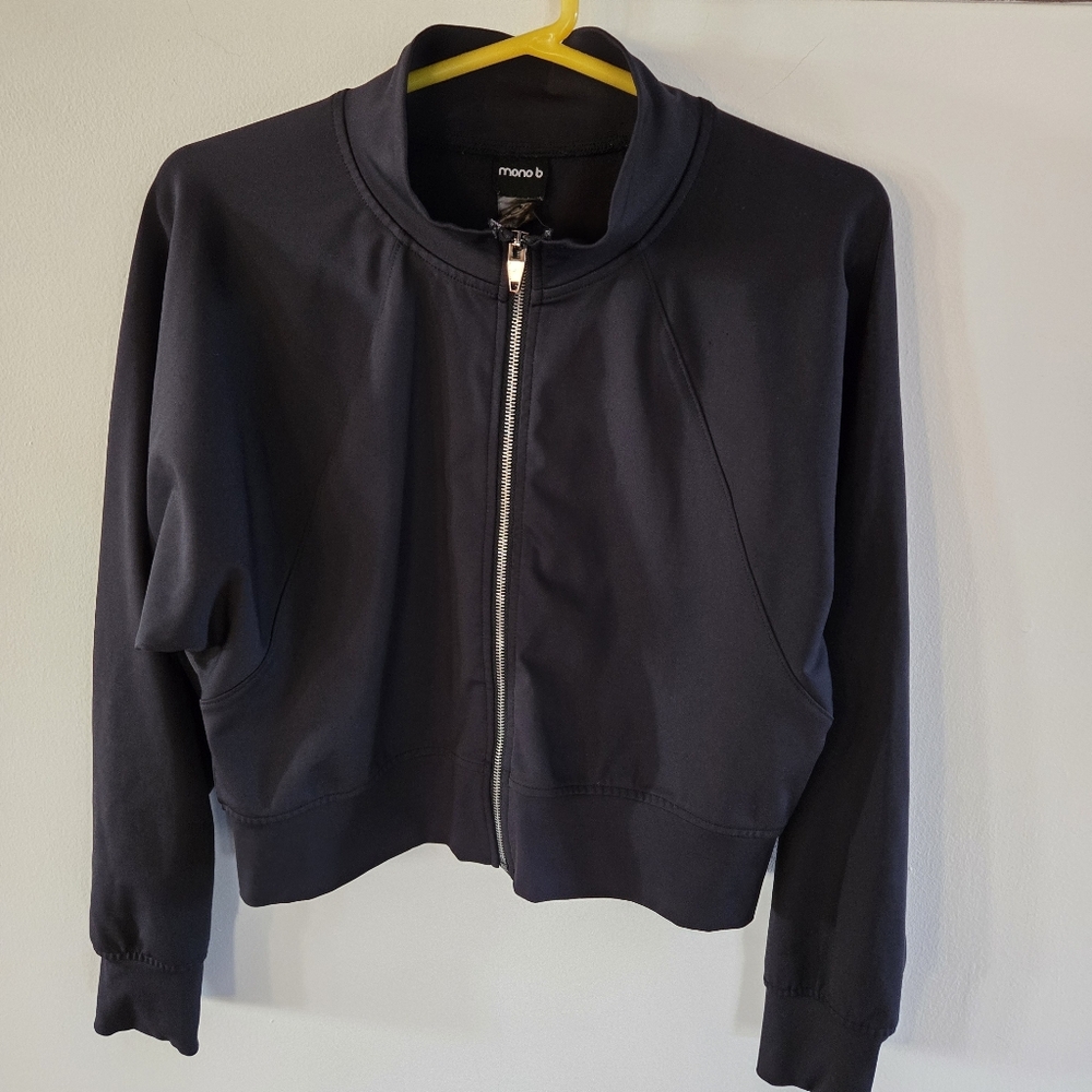 Mono B Womens Large Zip Front Warmup Jacket Black Cropped Long Sleeve